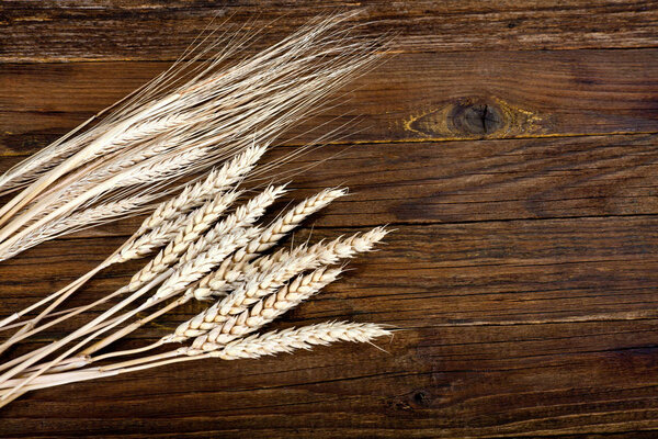 Уши пшеницы и ячменя на старом деревянном столе
