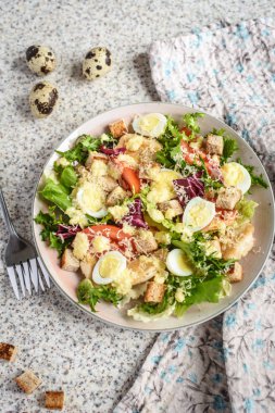 Tavuk göğsü, marul ve domates ile taze Sezar salatası. Lezzetli ev yapımı bahar salatası