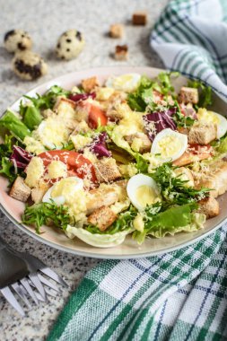 Tavuk göğsü, marul ve domates ile taze Sezar salatası. Lezzetli ev yapımı bahar salatası