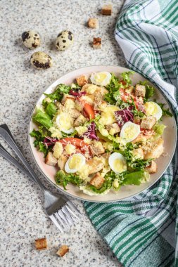 Tavuk göğsü, marul ve domates ile taze Sezar salatası. Lezzetli ev yapımı bahar salatası
