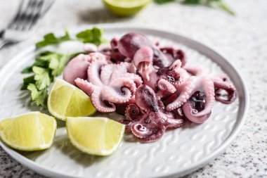 Gri arka planda kireç ve otlar ile gri bir plaka lezzetli bebek ahtapot. Seçici odak