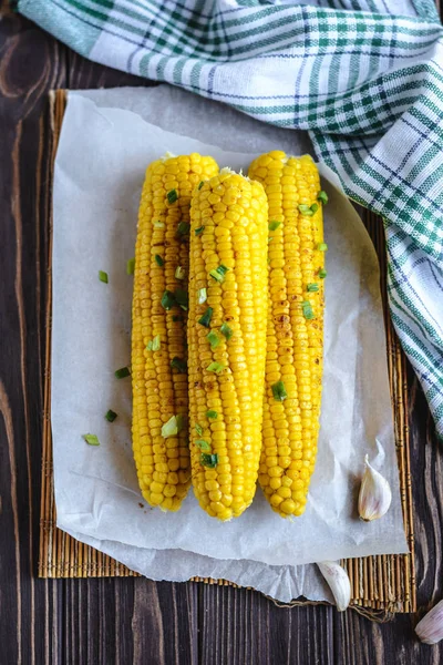 Grilled Sweet Corn Cob Melting Butter Greens Baking — Stock Photo, Image