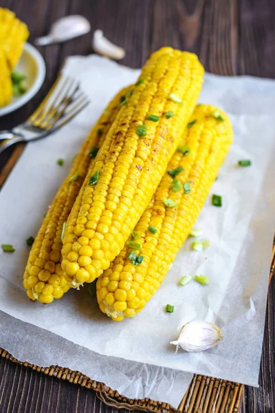 Grilled Sweet Corn Cob Melting Butter Greens Baking — Stock Photo, Image