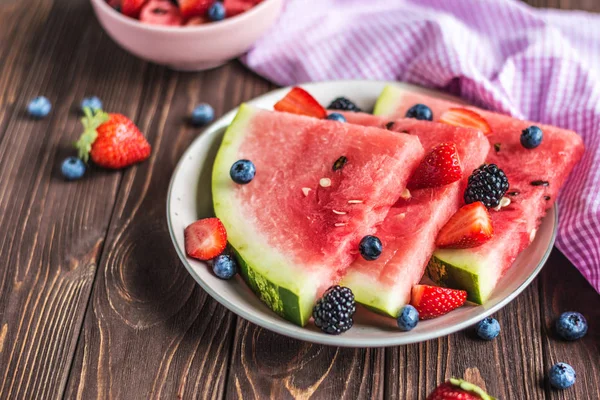 Fresh Berry Mix Strawberry Blueberry Watermelon Black Berry Wooden Background — Stock Photo, Image