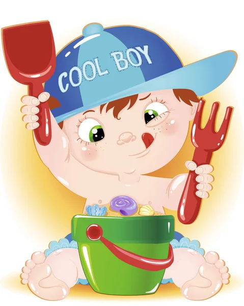 Little Cool Baby Boy Playing Sand His Tools Beach — Stock Vector