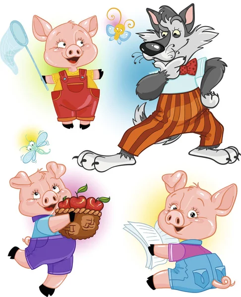 Three Little Pigs Wolf Fairy Tale Children — Stock Vector
