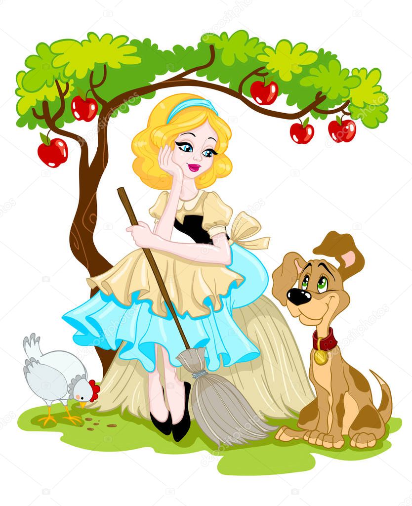 Cinderella fairytale illustration where the girl is sitting with her dog