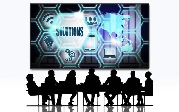 Soluzioni Gruppo Persone Riunione Grande Schermo Idea Business Computer Progetto — Foto Stock