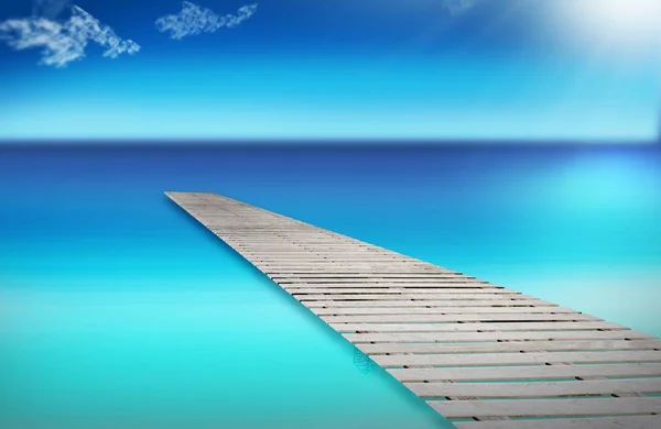 Деревянный Пирс Мост Пляж Воды Синий Фон — стоковое фото