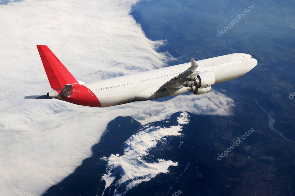 Flying airplane, transportation. Jet air plane. Adventure, commercial cloud sky travel 