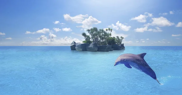 イルカ水泳 青い海雲 海洋野生動物背景にジャンプ — ストック写真