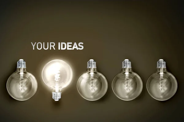 Vaše Nápady Kreativita Inovace Osvětlené Žárovky Řady Matné Koncepční Řešení — Stock fotografie