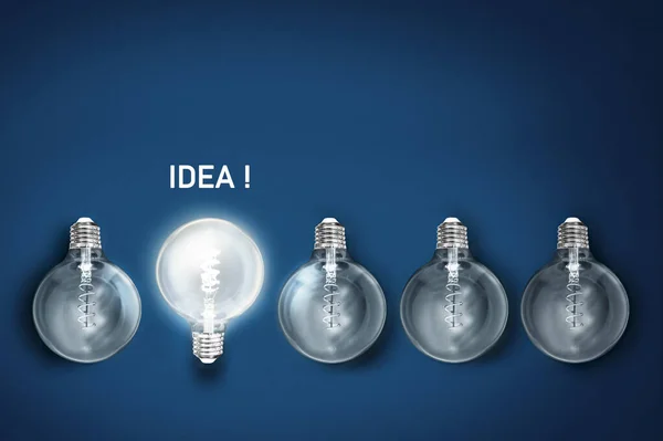 Idé Kreativitet Innovation Belyst Glödlampa Rad Dim Dem Koncept Lösning — Stockfoto
