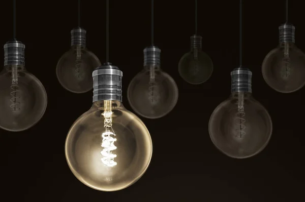 Creativiteit Innovatie Verlicht Gloeilamp Rij Dimmen Degenen Concept Oplossing — Stockfoto