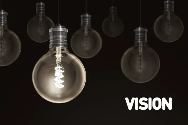 Wizja Kreatywność Innowacja Oświetlone Światła Rzędów Ściemniać Rozwiązanie Koncepcyjne — Zdjęcie stockowe