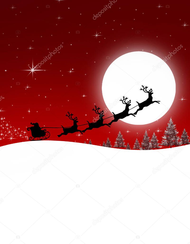 Christmas reindeer and Santa's sleigh , tree , Season december , red background