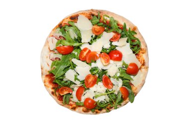 Pizza roka, kiraz, parmesan, İtalyan yemeği.