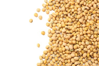 Beyaz arka plan üzerinde izole soya fasulyesi. üstten görünüm