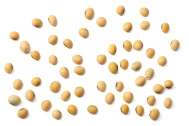 Beyaz arka plan üzerinde izole soya fasulyesi. üstten görünüm