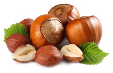 Beyaz arka plan üzerinde izole yaprakları ile fındık. makro