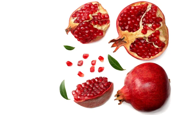 Pomegranate Fruit Green Leaves Isolated White Background Top View — Stock Photo, Image