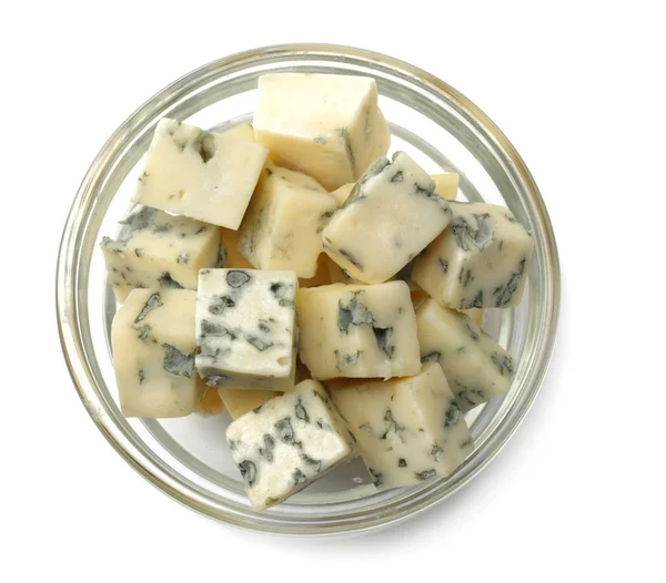 Blauschimmelkäse Glasschale Isoliert Auf Weißem Hintergrund Ansicht Von Oben — Stockfoto