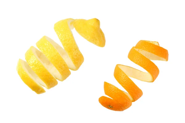 Čerstvé Pomerančové Citrónové Kůry Izolovaných Bílém Pozadí Pohled Shora — Stock fotografie