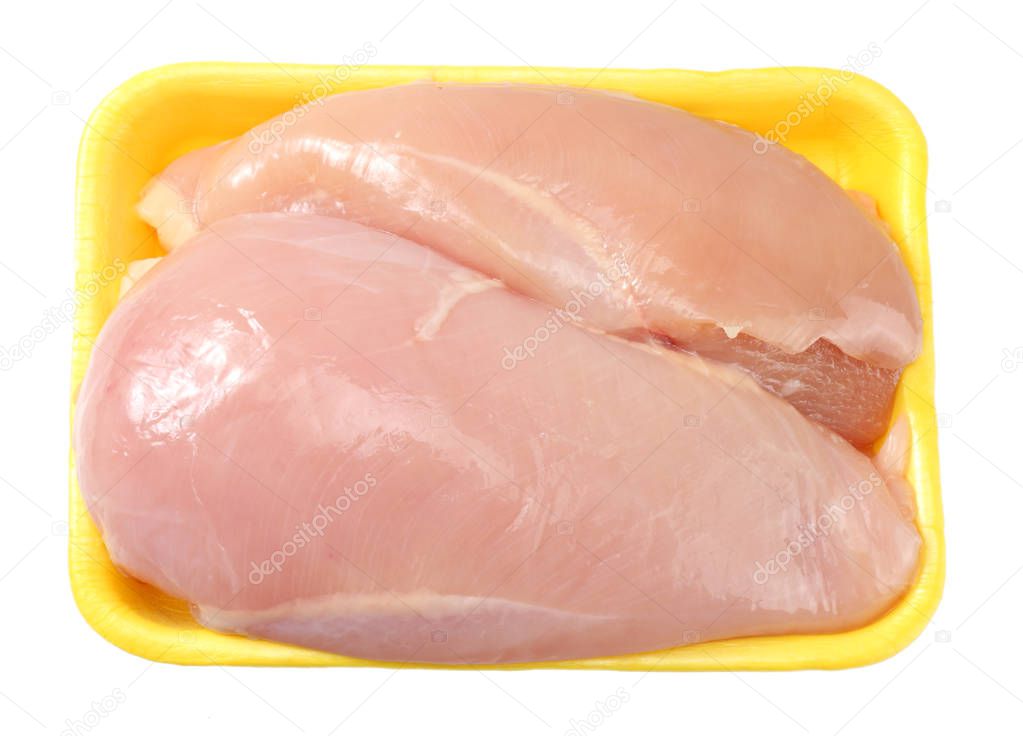 Raw chicken fillet isolated on white background. top view