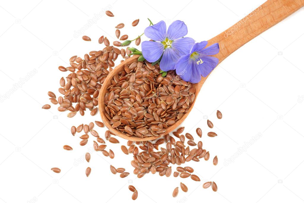 flax seeds in wooden spoon with flower isolated on white background. flaxseed or linseed. Cereals. top view