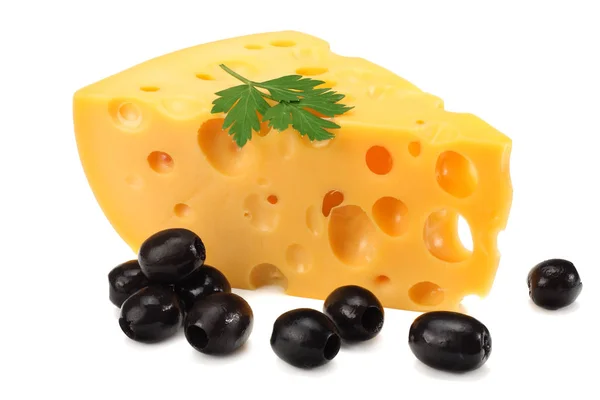 Piece Cheese Olives Isolated White Background — Stock Photo, Image