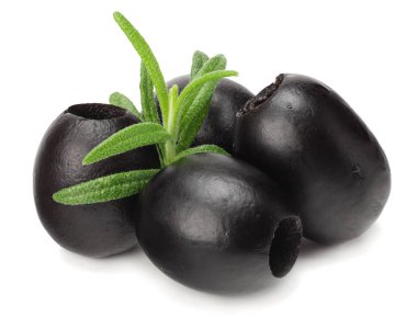 Beyaz arka plan üzerinde izole rosemary ile Marine siyah zeytin