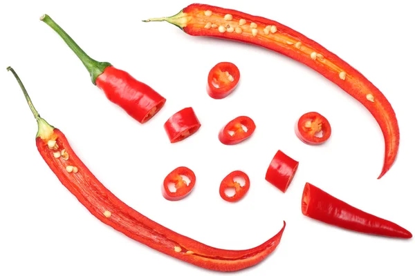 Gesneden Rode Hete Chili Pepers Geïsoleerd Witte Achtergrond Bovenaanzicht — Stockfoto