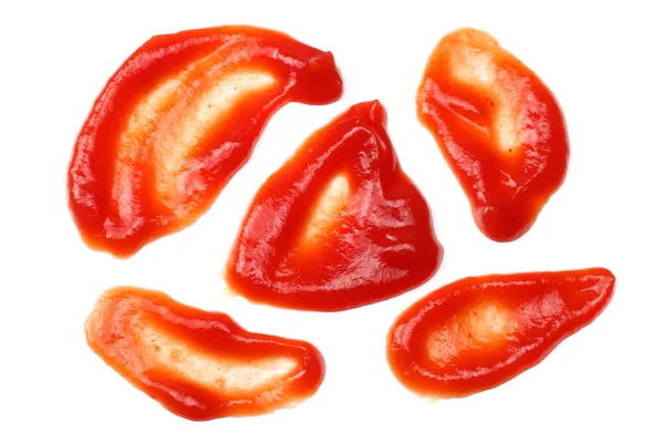 Röd Ketchup Stänk Isolerad Vit Bakgrund Ovanifrån — Stockfoto