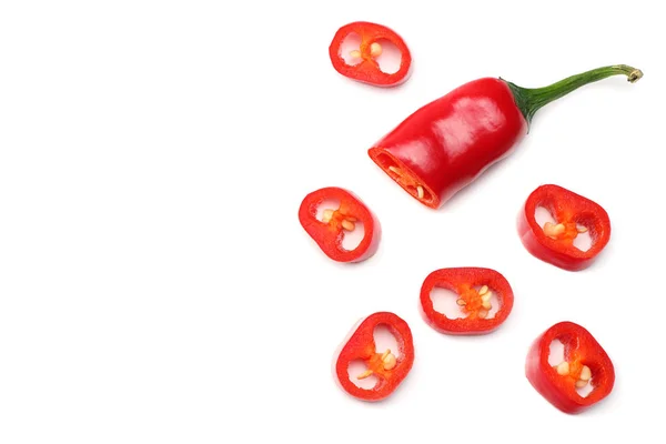 Plátky Červené Horké Chilli Papričky Izolované Bílém Pozadí Horní Pohled — Stock fotografie