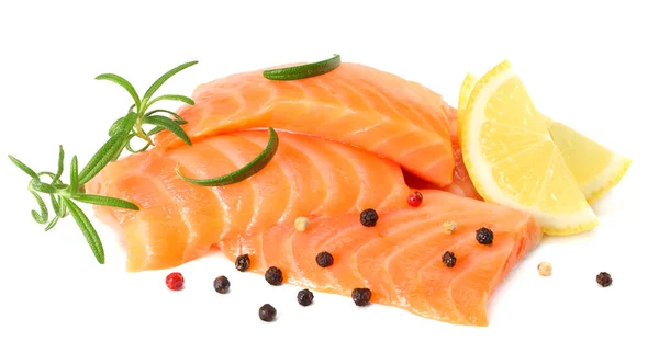 Red fish. Raw salmon fillet with rosemary isolate on white background