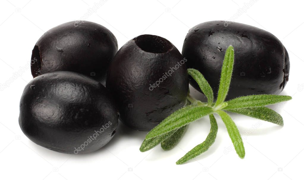 Marinated black olives isolated on white background
