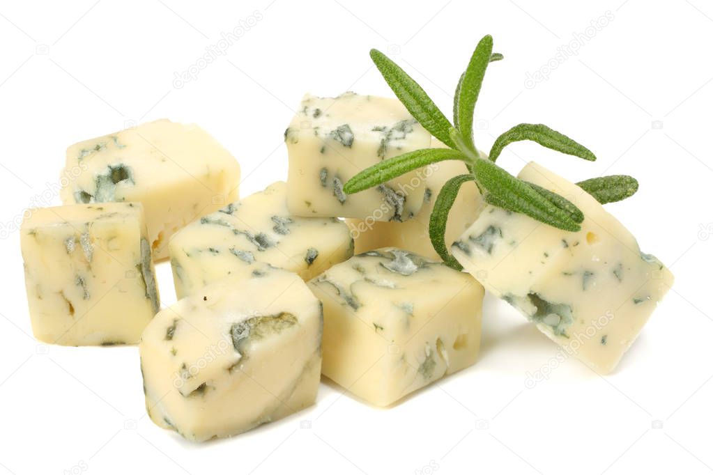 blue cheese with rosemary isolated on white background