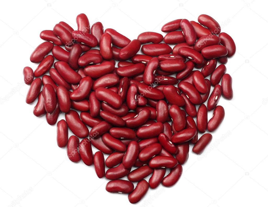 red kidney beans in heart shape isolated on white background. top view
