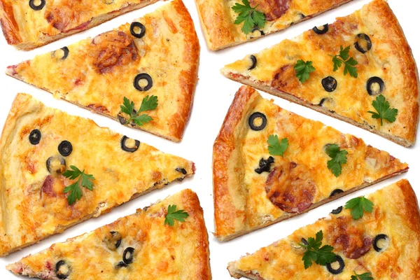 Bit Pizza Med Oliver Isolerad Vit Bakgrund Ovanifrån — Stockfoto