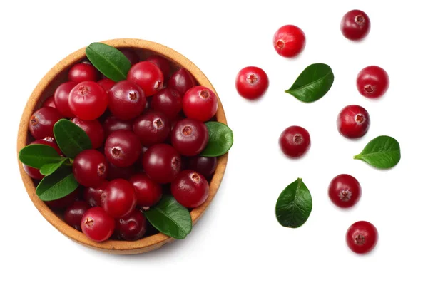 Cranberry Wooden Bowl Green Leaves Isolated White Background Top View — Stock Photo, Image