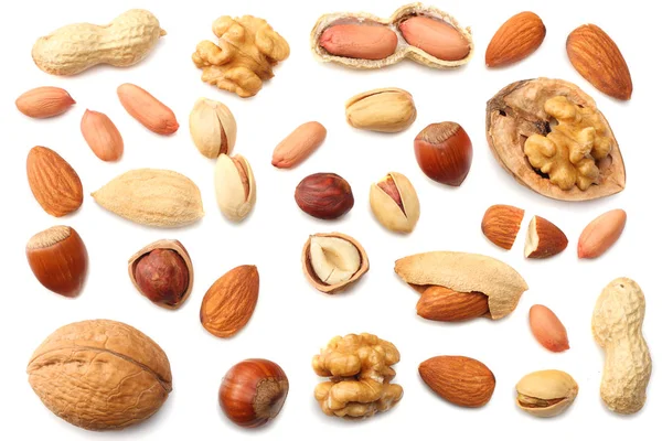 Mix Almonds Cashew Nuts Hazelnut Peanuts Walnuts Pistachio Isolated White — Stock Photo, Image
