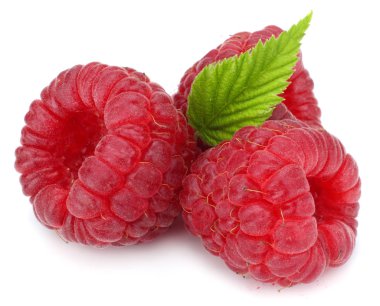 Olgun ahududu ve yeşil yapraklı beyaz arka plan makrosu.