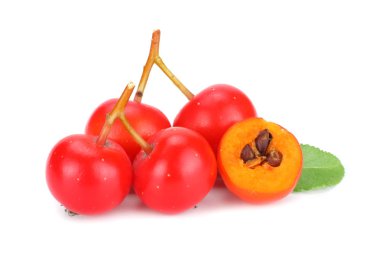 dilim ve yeşil yaprak beyaz arka plan üzerinde izole kırmızı rowan. makro