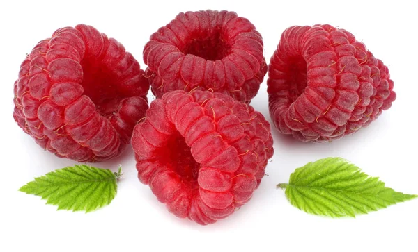 Ripe Raspberries Green Leaf Isolated White Background Macro — Stock Photo, Image