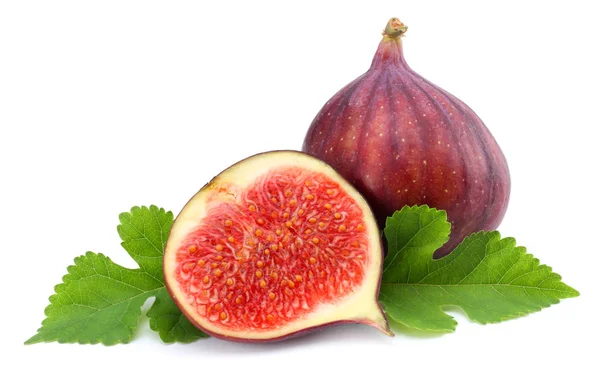 Fig Frukt Med Grönt Blad Isolerade Vitt Urklippsbana — Stockfoto