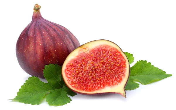 Fig Frukt Med Grönt Blad Isolerade Vitt Urklippsbana — Stockfoto