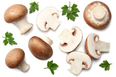 Taze champignon izole üzerinde beyaz arka plan mantar. üstten görünüm