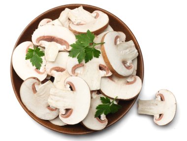 Taze champignon izole üzerinde beyaz arka plan mantar. üstten görünüm