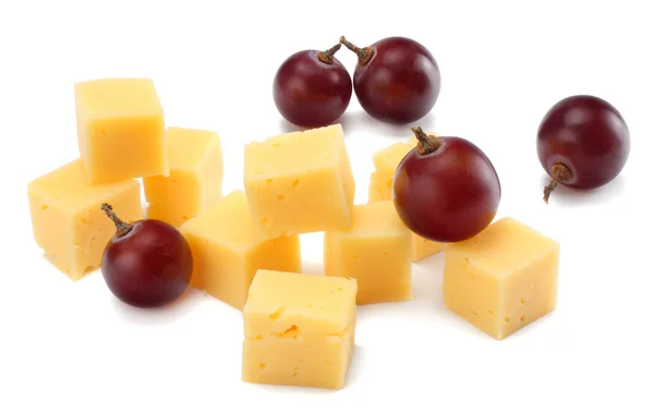 Piece Cheese Grapes Isolated White Background — Stock Photo, Image