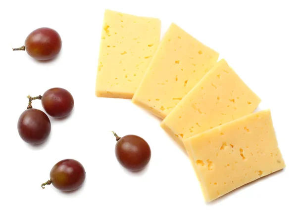 Piece Cheese Grapes Isolated White Background — Stock Photo, Image